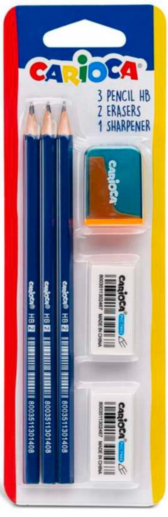 Set 3 creioane + 2 radiere + 1 ascutitoare - Albastru