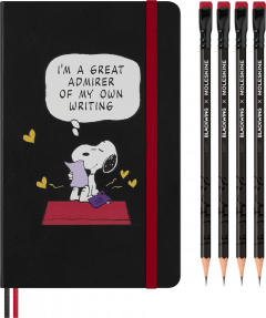 Set carnet + 4 creioane Peanuts x Moleskine - Large, Ruled, Hardcover (Black)