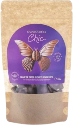Boabe cafea invelite in ciocolata cu lapte cu colagen (fara zahar, vegan ) - Sweeteria Chic, 200 g 