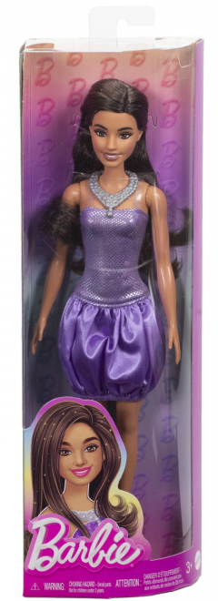 Papusa - Barbie Fashionistas - Bruneta cu rochie mov cu paiete