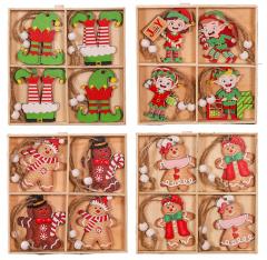 Set 12 decoratiuni Craciun - Turta dulce / Spiridusi / Clopotei, din lemn (mai multe modele)