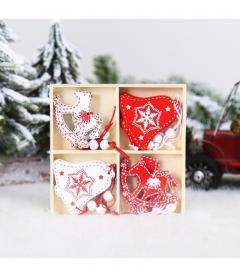 Set 12 decoratiuni Craciun - Turta dulce / Spiridusi / Clopotei, din lemn (mai multe modele)