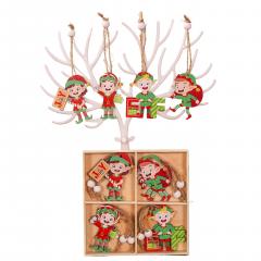 Set 12 decoratiuni Craciun - Turta dulce / Spiridusi / Clopotei, din lemn (mai multe modele)