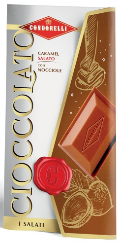 Tableta de ciocolata alba cu caramel sarat si alune de padure, 100 g