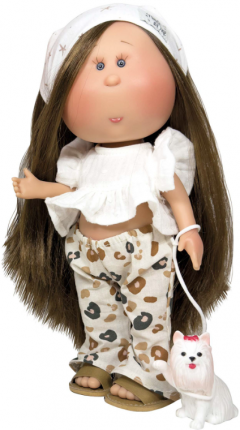 Papusa artizanala - Mia, cu parul saten drept, cu catel, cu articulatii  (miros de vanilie)