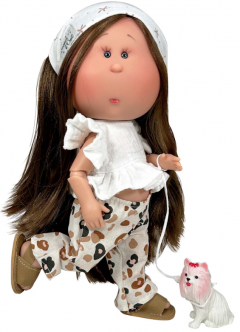 Papusa artizanala - Mia, cu parul saten drept, cu catel, cu articulatii  (miros de vanilie)