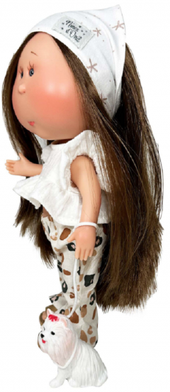 Papusa artizanala - Mia, cu parul saten drept, cu catel, cu articulatii  (miros de vanilie)