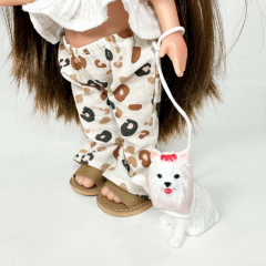 Papusa artizanala - Mia, cu parul saten drept, cu catel, cu articulatii  (miros de vanilie)