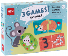 Set 3 jocuri - Animale - Puzzle, domino, joc de memorie