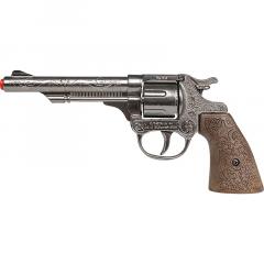 Jucarie - Pistol cowboy cu toc, metal, argintiu, 8 capse